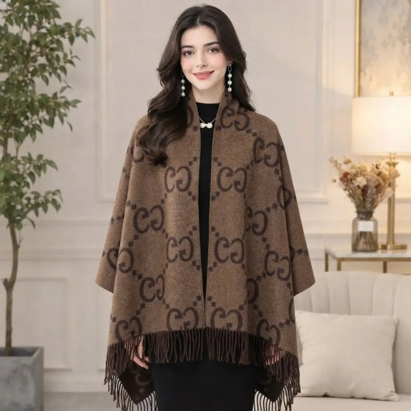 Monogram Print Fringe Hem Cashmere-Feel Cape Shawl