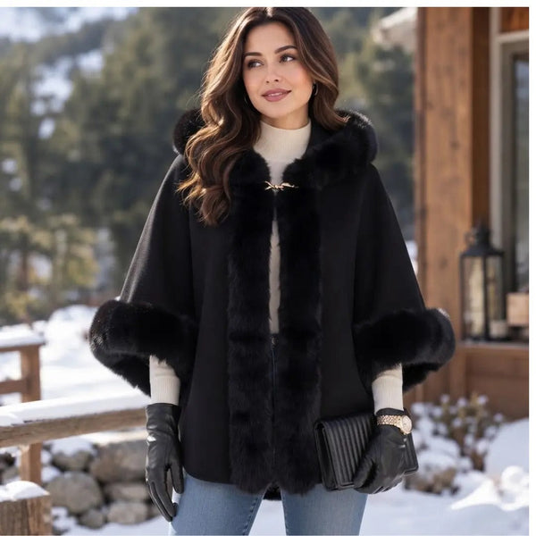 Midnight Black Faux-Fur Hooded Cape