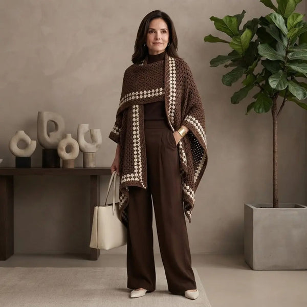 Chocolate & Cream Geometric Embroidered Wrap