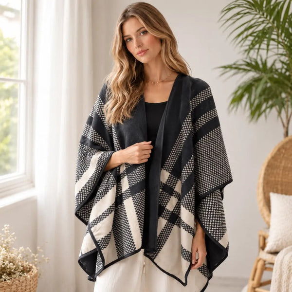 The Classic Houndstooth Plaid Open Shawl