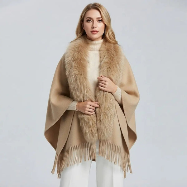Camel Luxe Faux-Fur Collar Shawl Cape