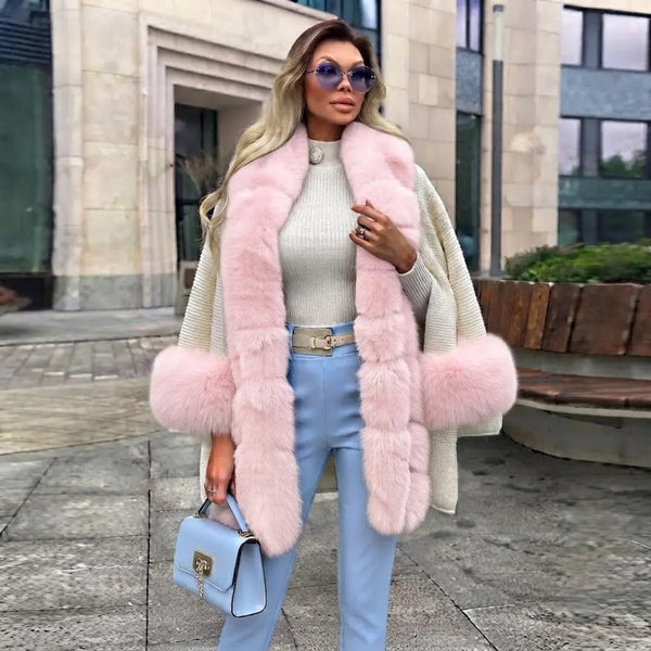 Blush Pink Faux-Fur Trimmed Knit Shawl Cape