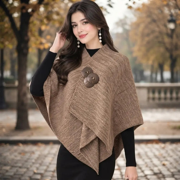 Button-Embellished Brown Cashmere-Feel Asymmetric Poncho Shawl