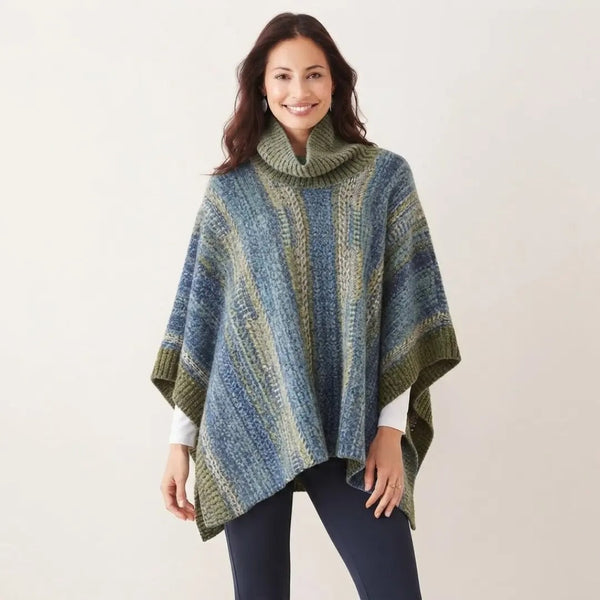 Cowl-Neck Striped Knit Cape Shawl