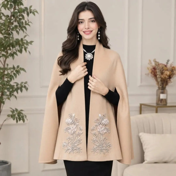 Beaded Floral Embroidered Camel Cashmere-Feel Cape Coat