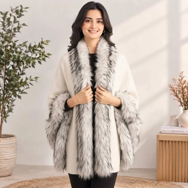 Ivory & Black-Tip Fox-Style Faux Fur Trimmed Cape Shawl