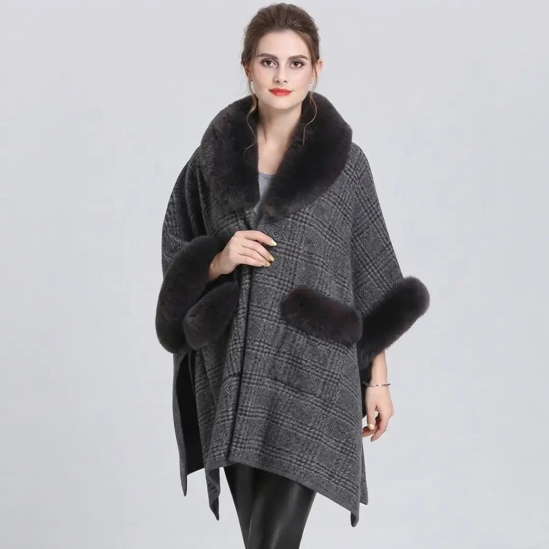 Glencoe Plaid Faux Fur Trim Poncho Shawl