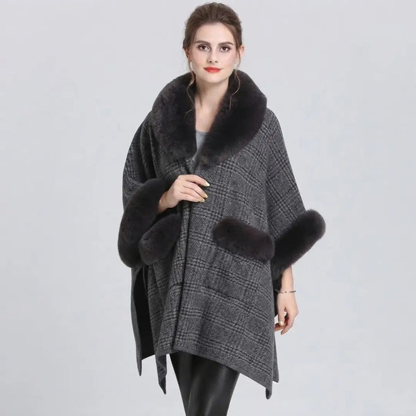 Glencoe Plaid Faux Fur Trim Poncho Shawl
