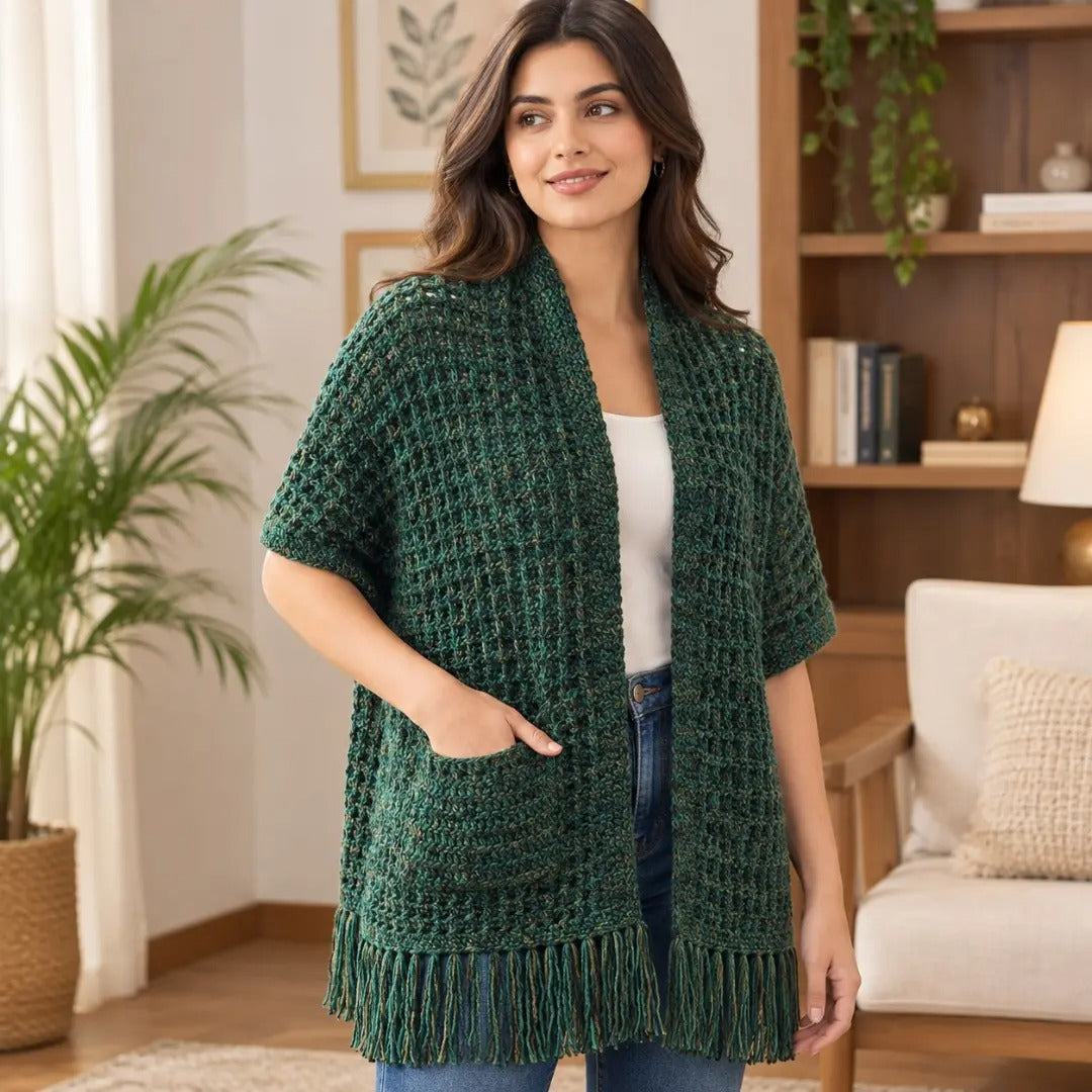 Emerald Waffle-Knit Pocket Shawl