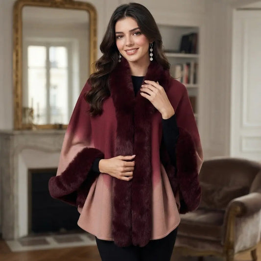 Ombre Burgundy & Blush Faux Fur Trimmed Cape Shawl