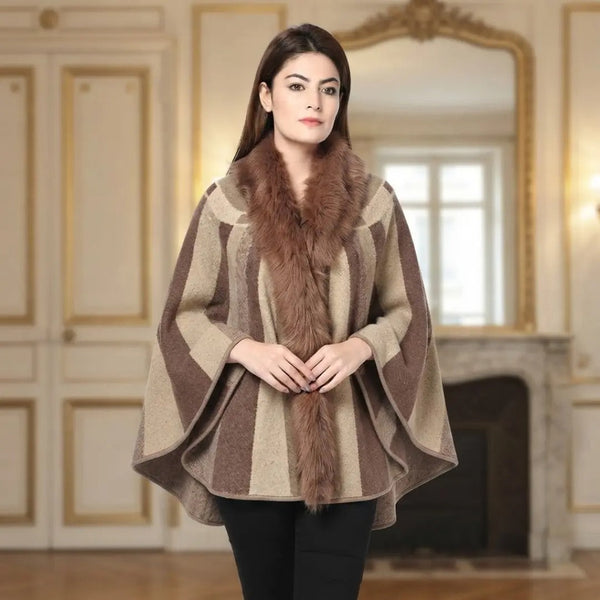 Striped Brown & Camel Faux Fur Trimmed Cape Shawl