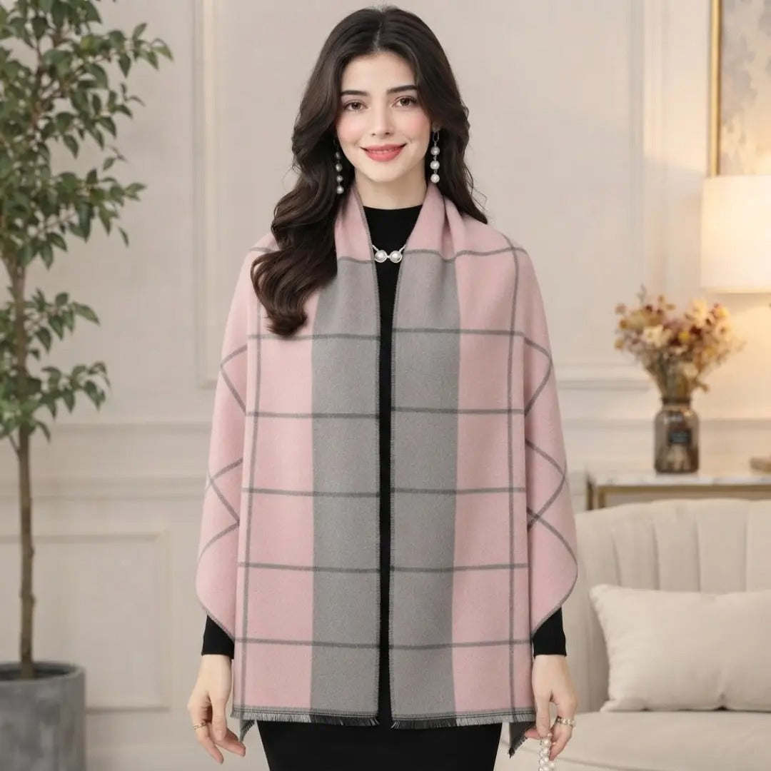 Pink & Grey Plaid Cashmere-Feel Cape Shawl