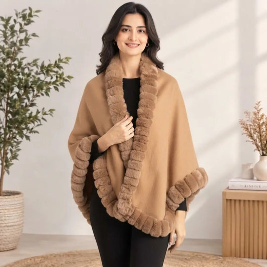 Camel Faux Fur Trimmed Cashmere-Feel Cape Shawl