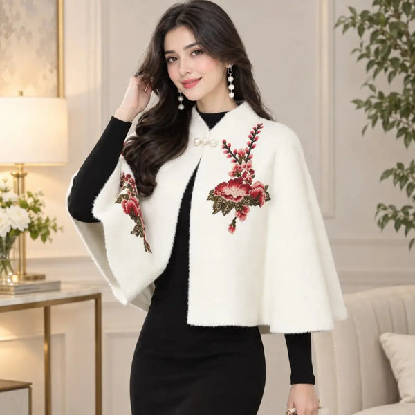 Floral Embroidered Ivory Cashmere-Feel Short Capelet