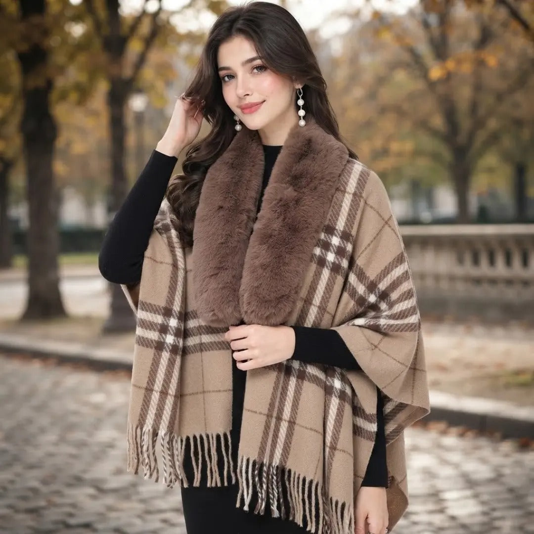 Plaid Faux Fur Collar Cashmere-Feel Cape Shawl