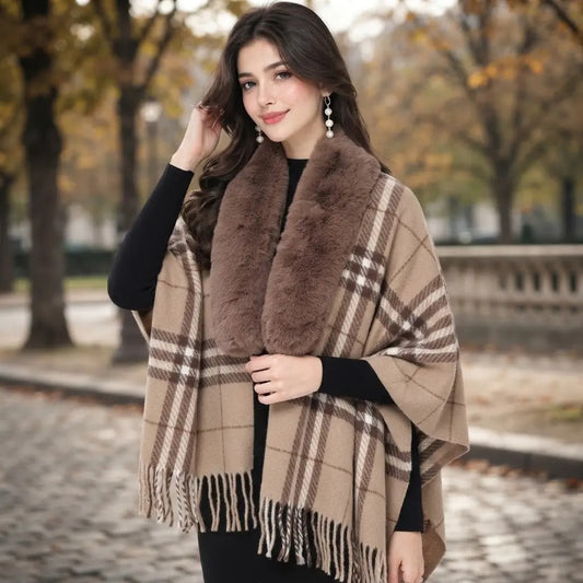 Plaid Faux Fur Collar Cashmere-Feel Cape Shawl