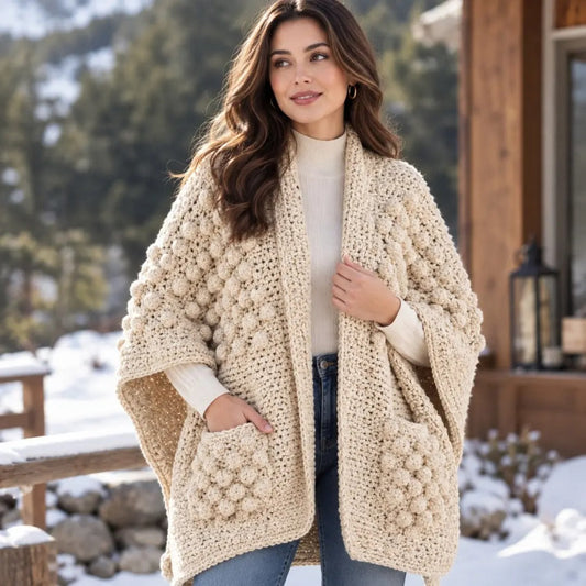 Cream Bobble-Knit Pocket Shawl
