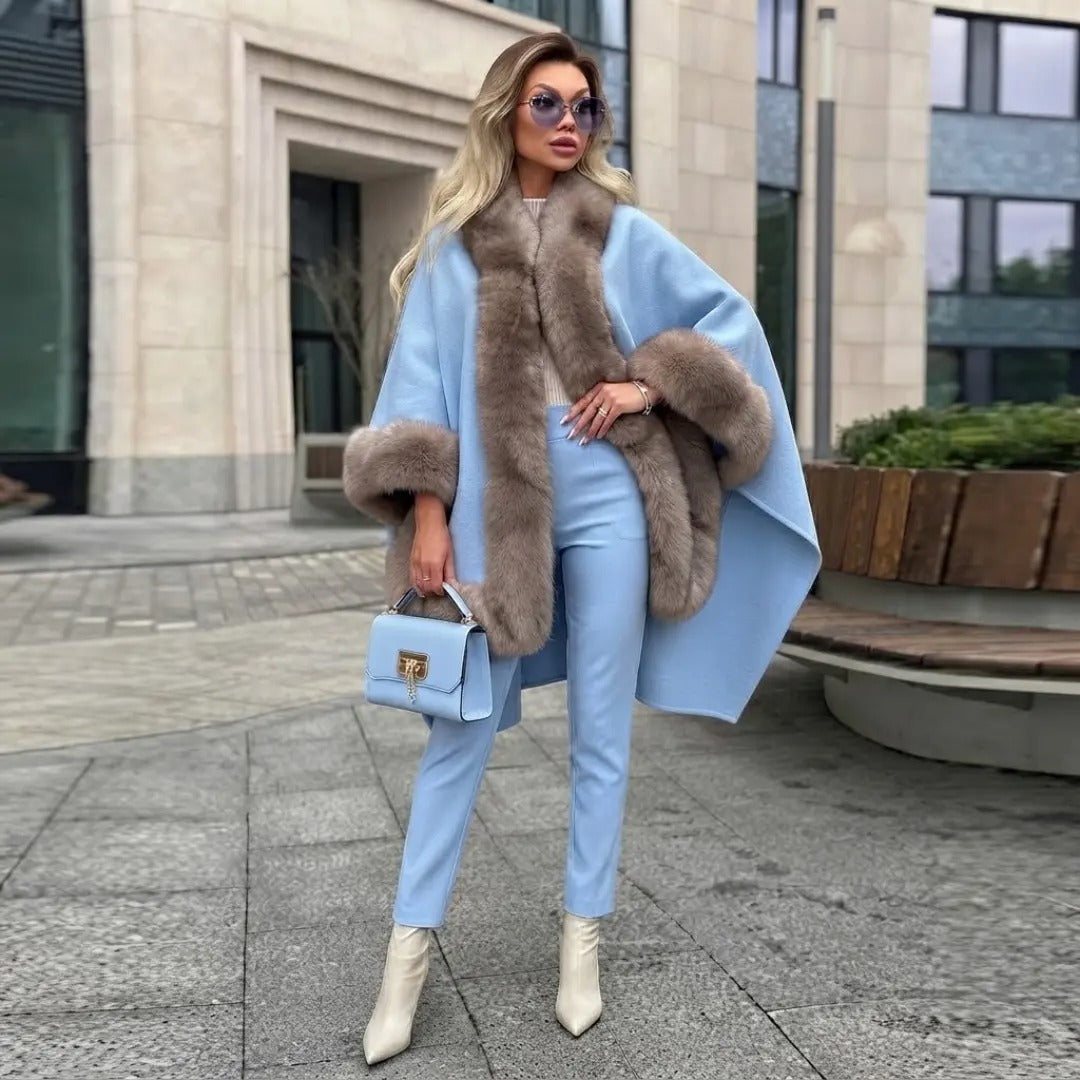 Sky Blue & Brown Faux-Fur Trimmed Cape