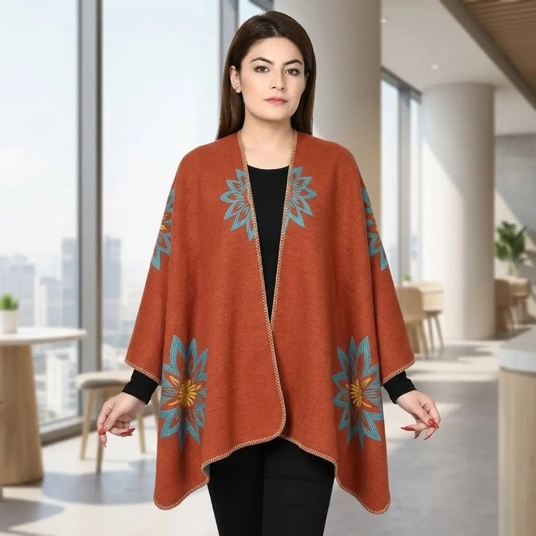 Rust Orange Floral Motif Cashmere-Feel Cape Shawl
