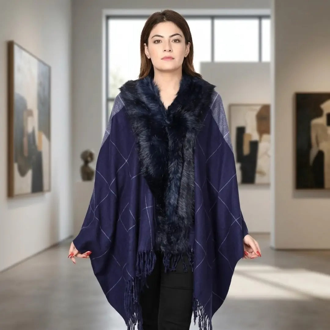 Plaid Windowpane Navy Faux Fur Trimmed Fringe Shawl