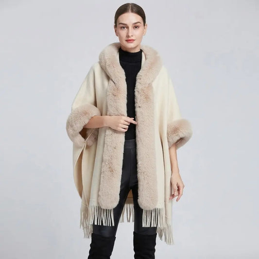 Luxe Faux-Fur Trimmed Open-Front Shawl Cape