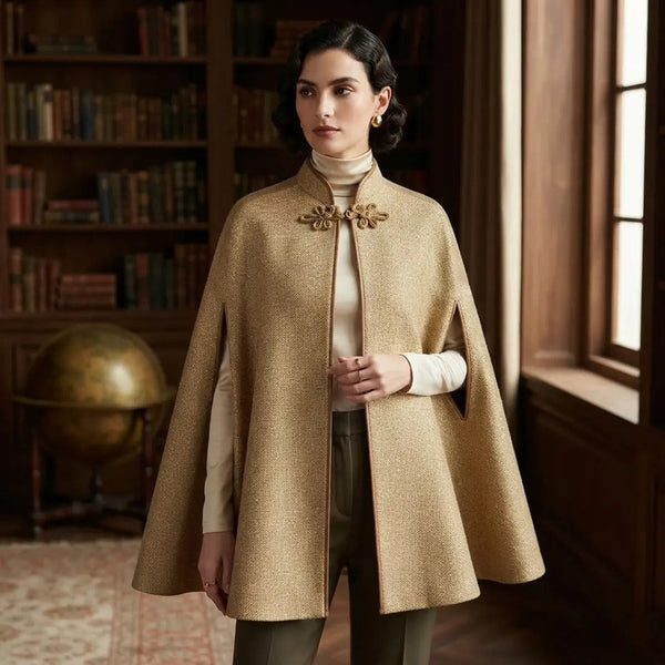 Vintage Gold Button-Clasp Wool Blend Shawl