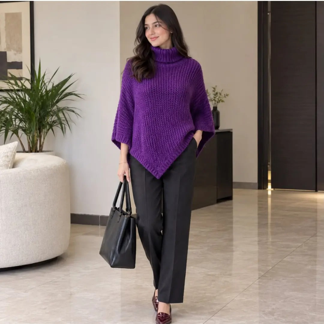 The Royal Violet Ribbed Turtleneck Poncho