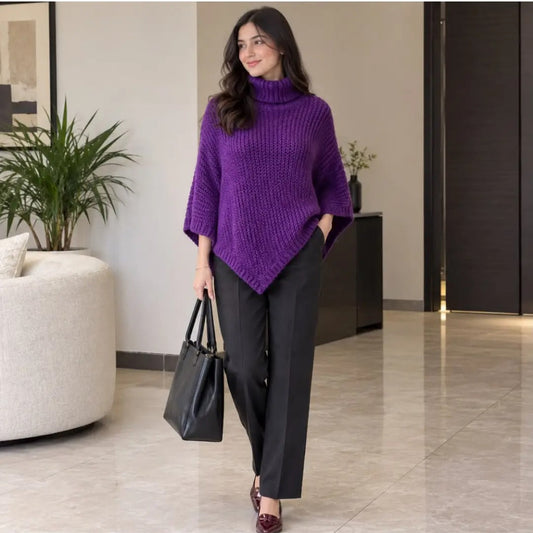 The Royal Violet Ribbed Turtleneck Poncho