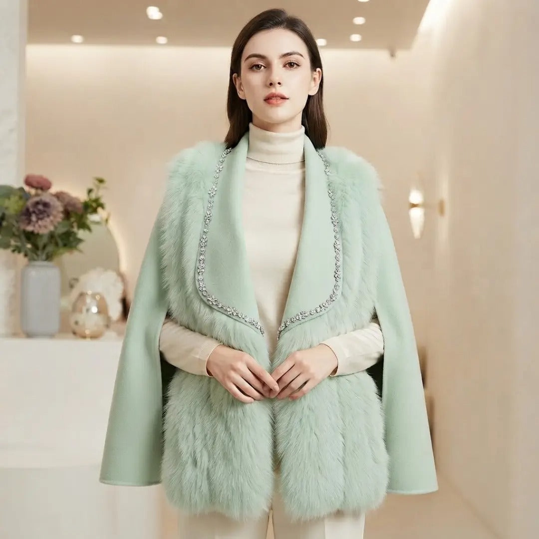 Sage Green Crystal-Embellished Fur Cape