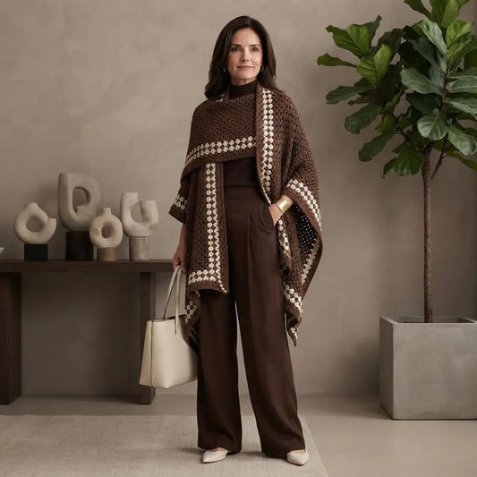 Chocolate & Cream Geometric Embroidered Wrap