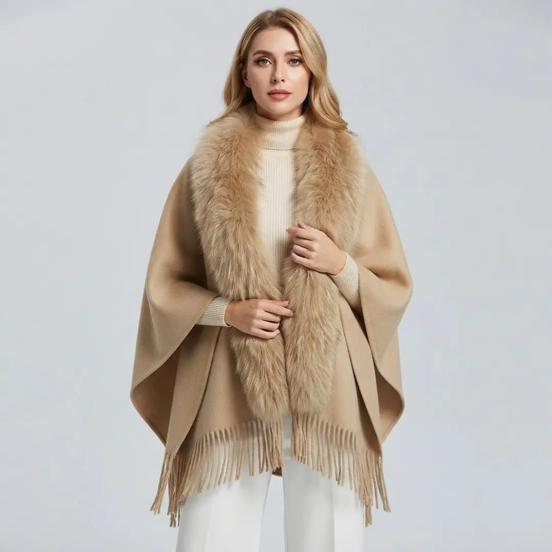 Camel Luxe Faux-Fur Collar Shawl Cape