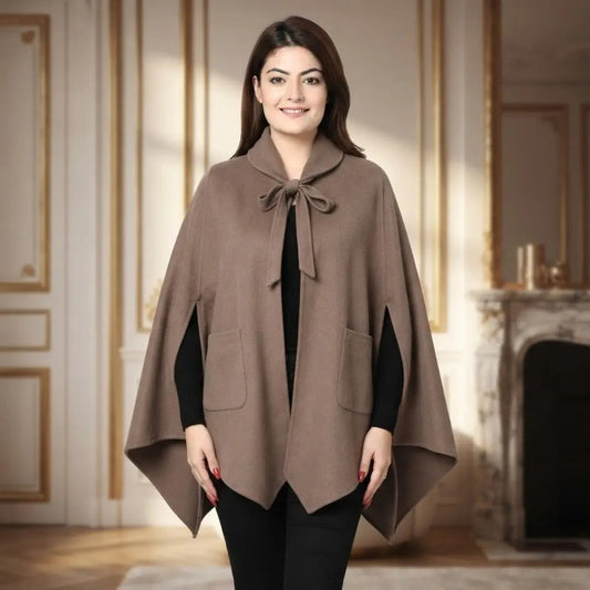 Tie-Neck Taupe Cashmere-Feel Cape Coat with Pockets