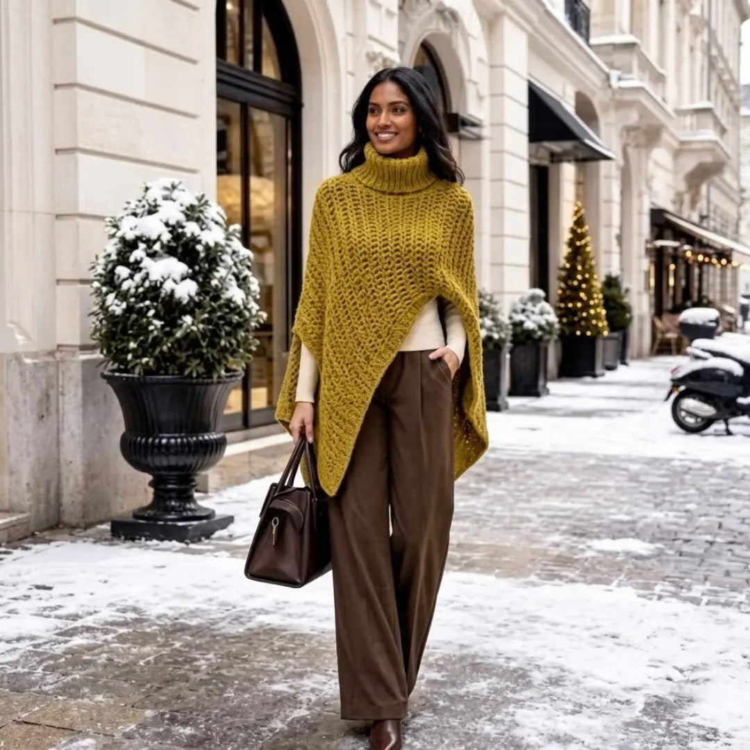 The Aspen Mustard Knit Turtleneck Poncho