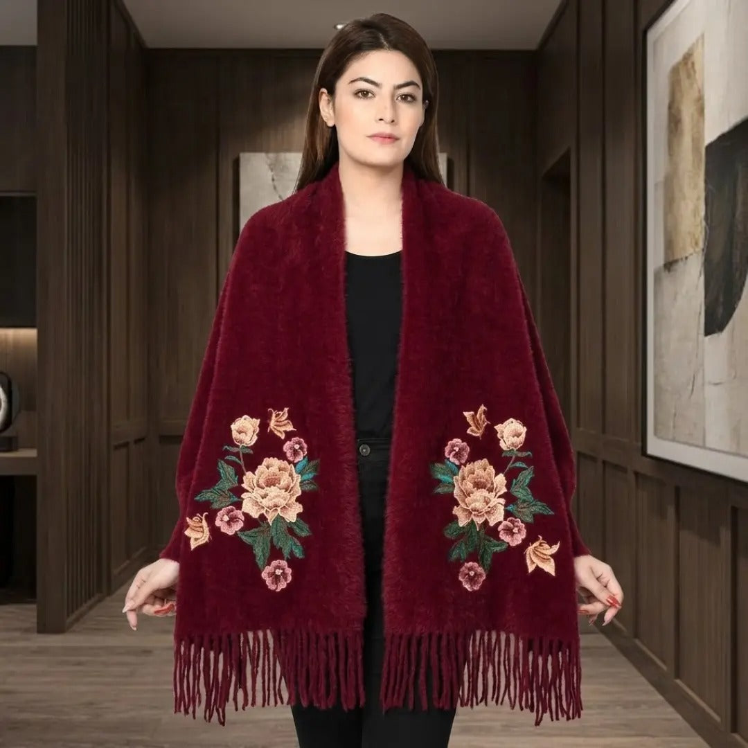 Embroidered Floral Burgundy Cashmere-Feel Fringe Shawl