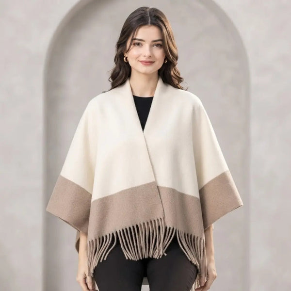 Classic Two-Tone Fringe Hem Cashmere-Feel Cape Shawl