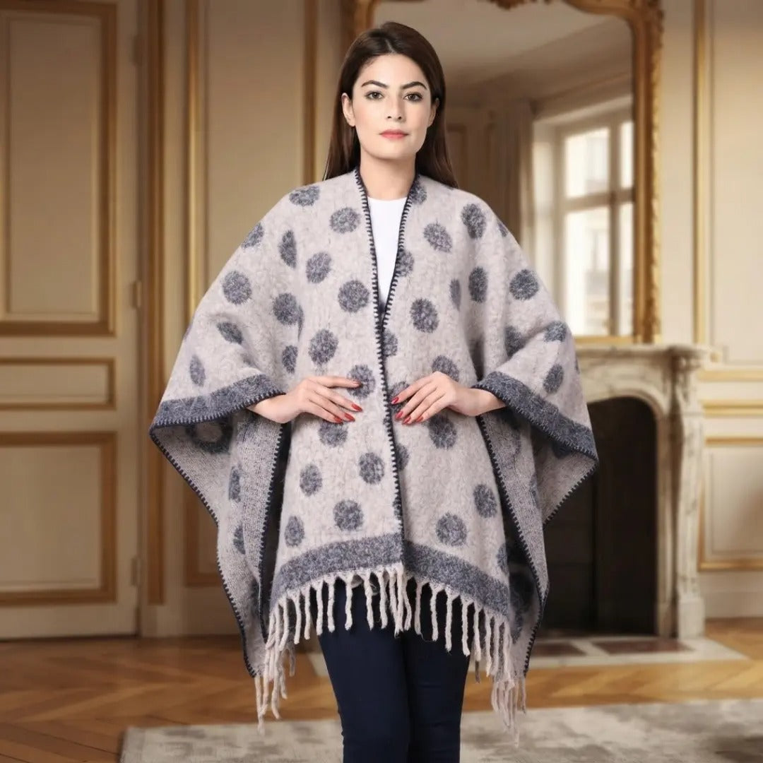 Polka Dot Fringe Hem Cashmere-Feel Cape Shawl