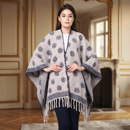 Polka Dot Fringe Hem Cashmere-Feel Cape Shawl