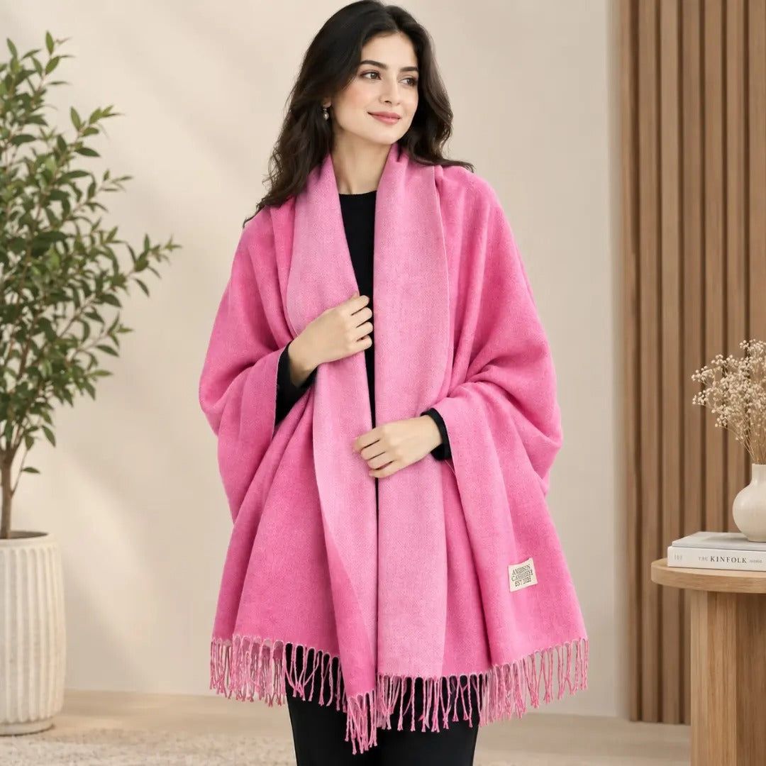 Vibrant Pink Fringe Hem Cashmere-Feel Wrap Shawl