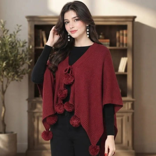 Burgundy Pom-Pom Knit Poncho Cape Shawl