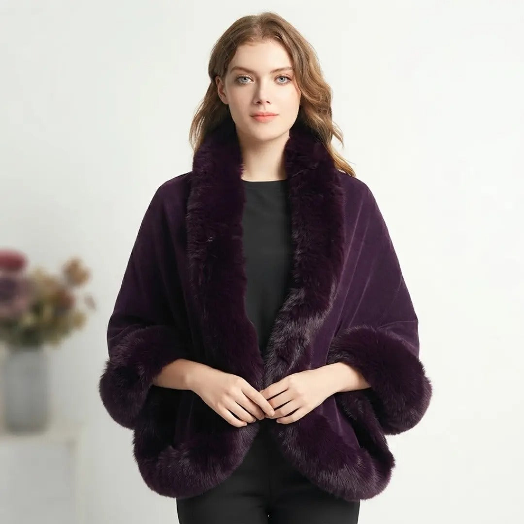 Deep Plum Faux-Fur Trimmed Capelet