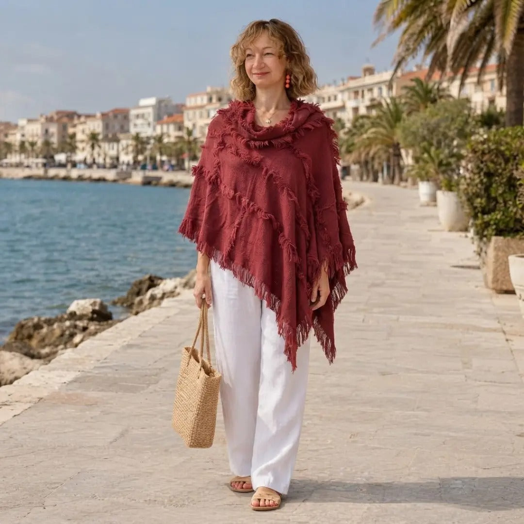 The Crimson Coastal Textured Fringe Shawl