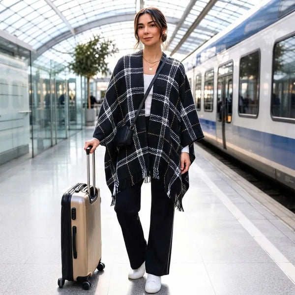 The Jetsetter Windowpane Plaid Fringe Shawl
