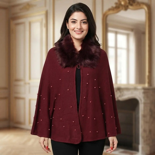Pearl-Studded Burgundy Faux Fur Collar Cape Shawl