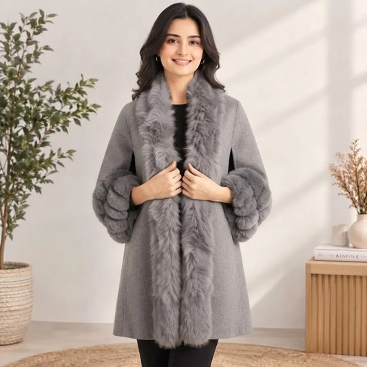 Slate Grey Faux Fur Trimmed Cashmere-Feel Cape Coat