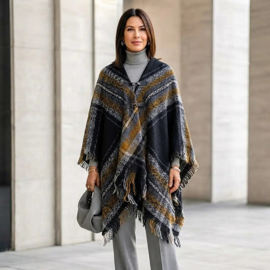 Midnight & Mustard Plaid Toggle Wrap Shawl