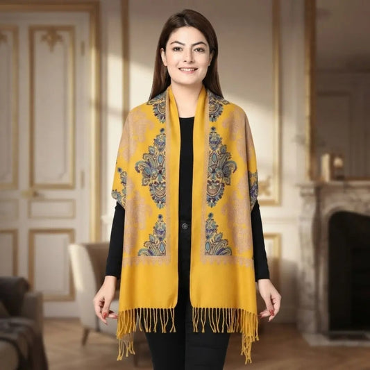 Mustard Paisley Jacquard Fringe Hem Cashmere-Feel Shawl