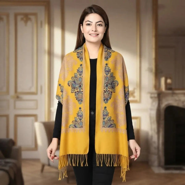 Mustard Paisley Jacquard Fringe Hem Cashmere-Feel Shawl