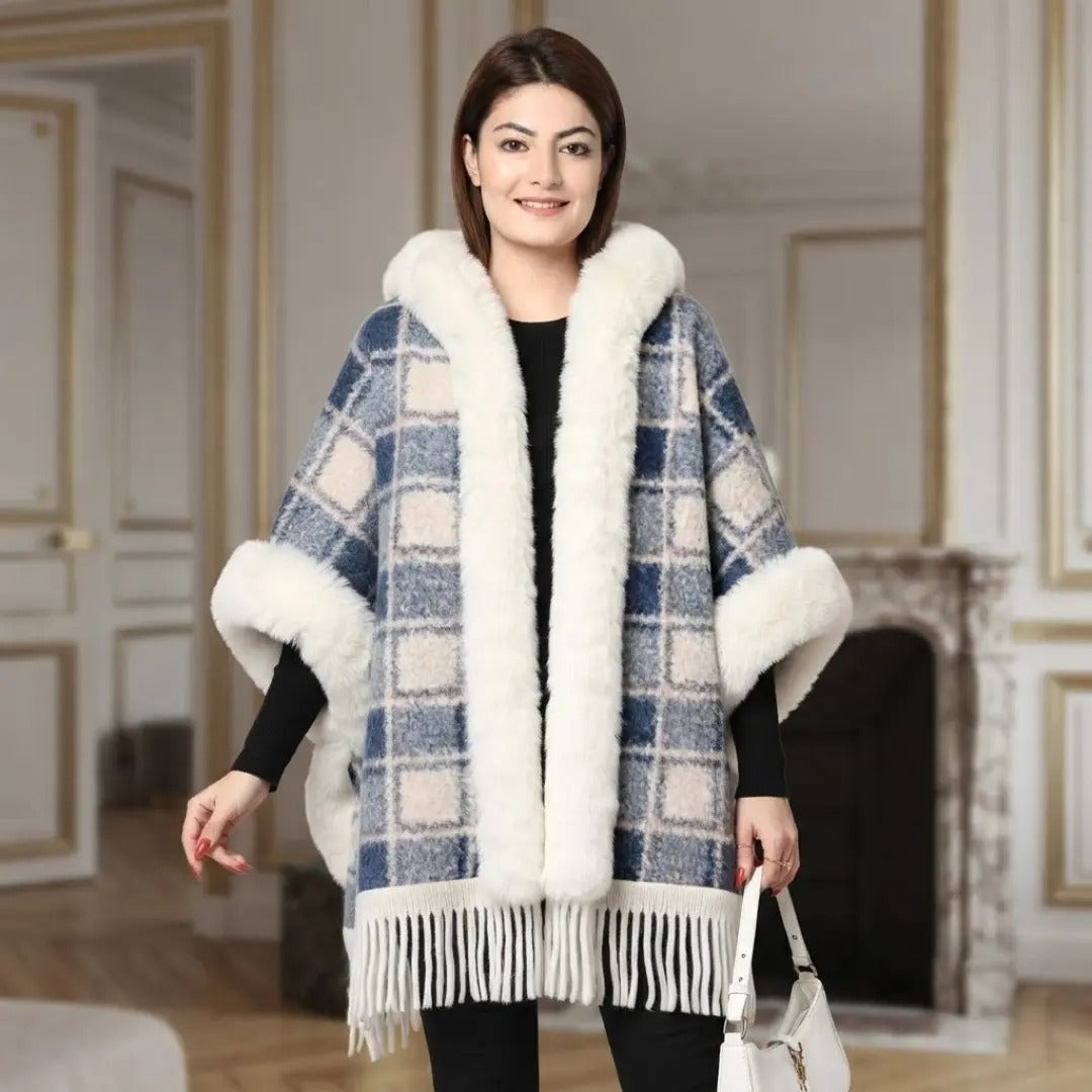 Blue & White Plaid Faux Fur Trimmed Fringe Cape Shawl