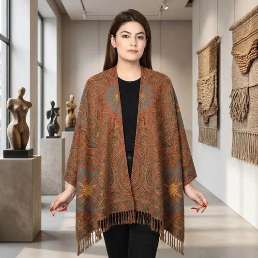 Rust Orange Paisley Jacquard Fringe Hem Cape Shawl
