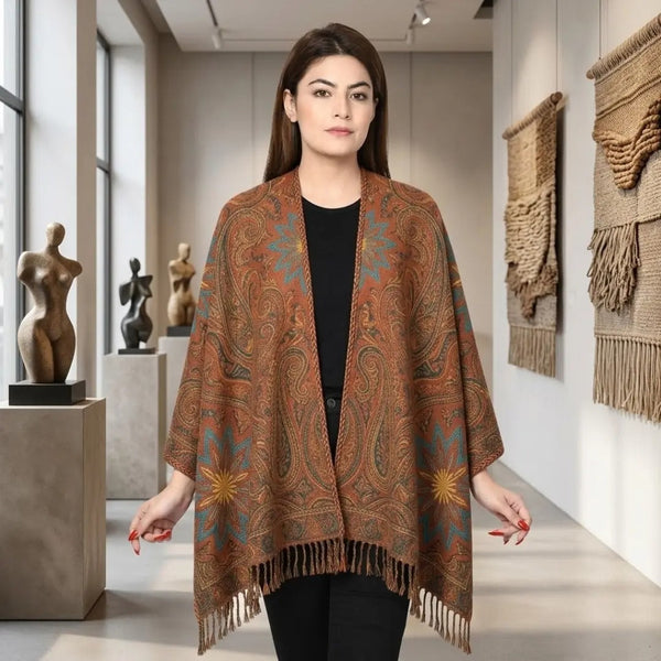 Rust Orange Paisley Jacquard Fringe Hem Cape Shawl